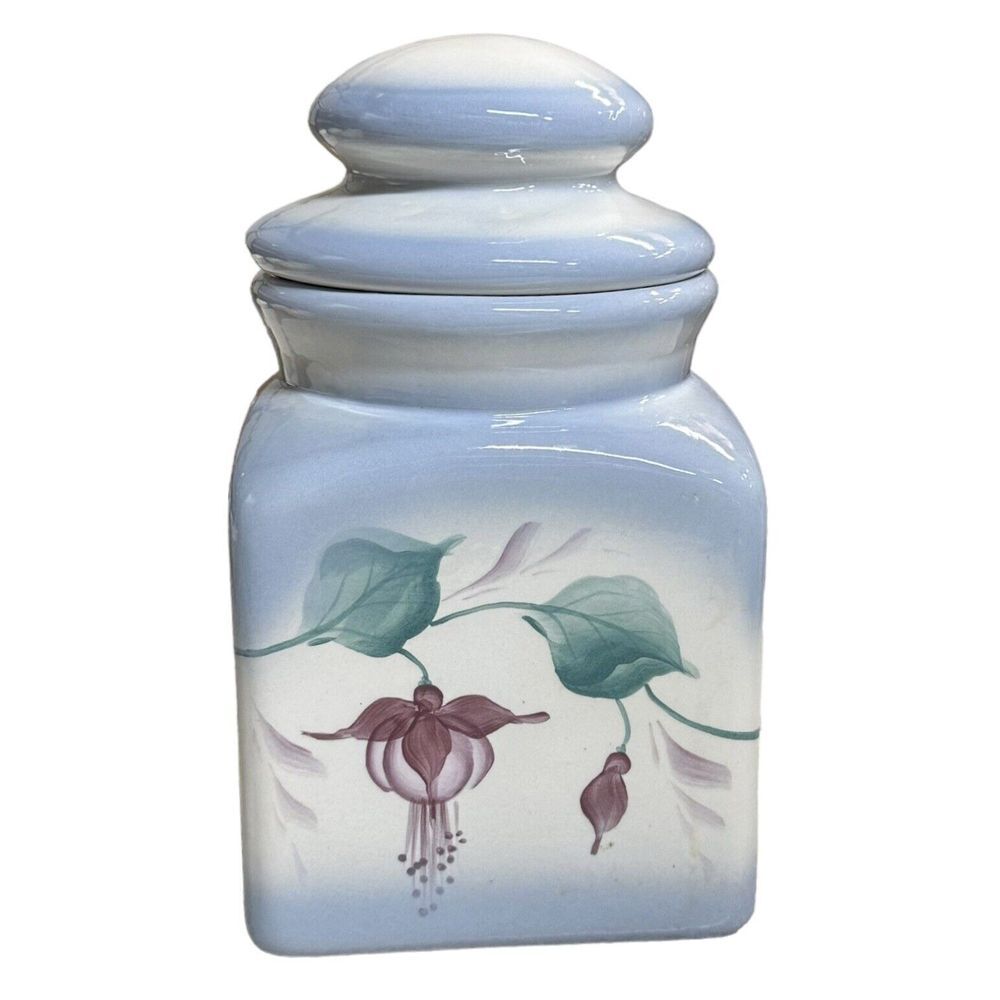 Hooten Pottery Union Oregon Canister Jar Ceramic Hand Painted Fuchsia Flower VTG